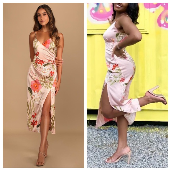 Lulus Remarkable Entrance Pink Floral Print Satin Midi Dress - Picture 1 of 13
